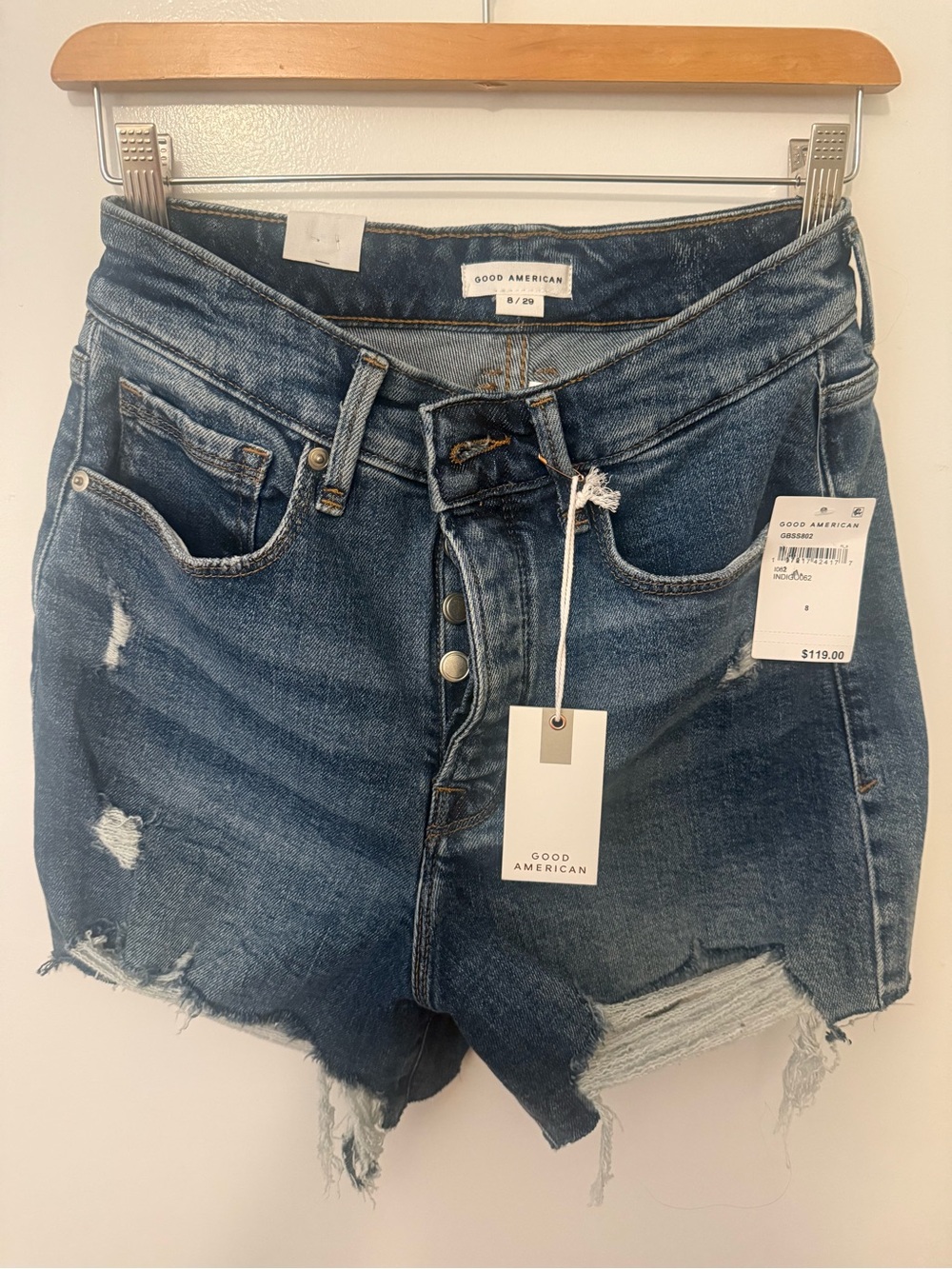 Good American Dark Blue Distressed High-Rise Jean Shorts